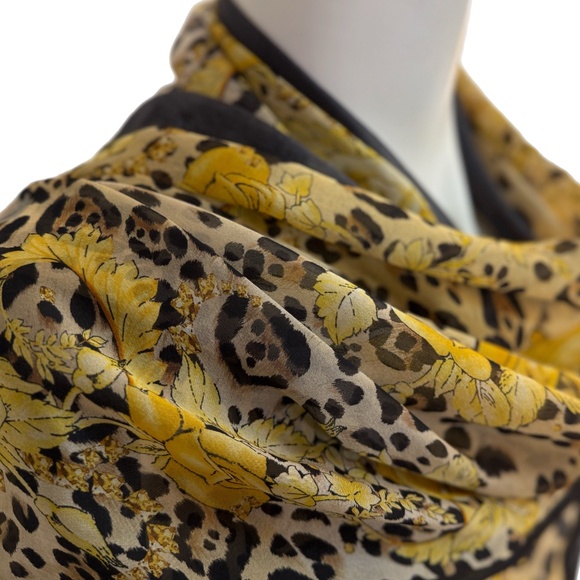 Roberto Cavalli Italy Silk Scarf  🇮🇹 – Leopard & Yellow Rose Print - Picture 3 of 10